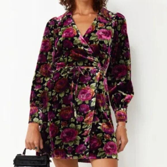 & OTHER STORIES NWT Velvet Bishop Sleeve Plunge Neck Floral Wrap Dress 6 - Picture 1 of 7